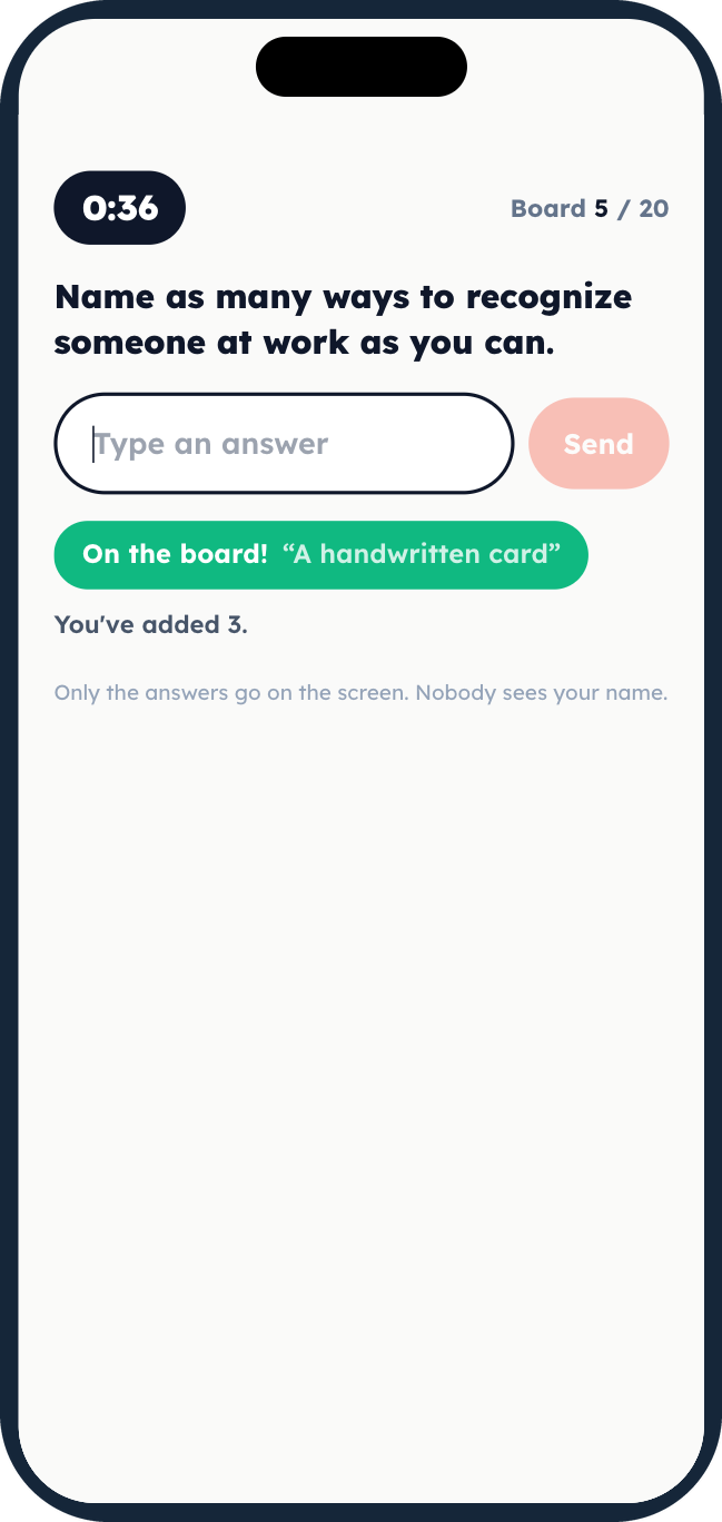 A learner's phone in Fill the Board: the clock, the board count, a box to type an answer, and the last answer on the board